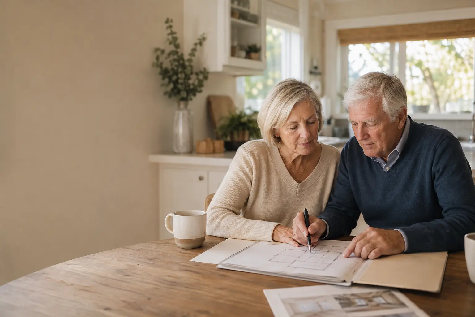 A mature couple calmly reviewing plans together at their kitchen table