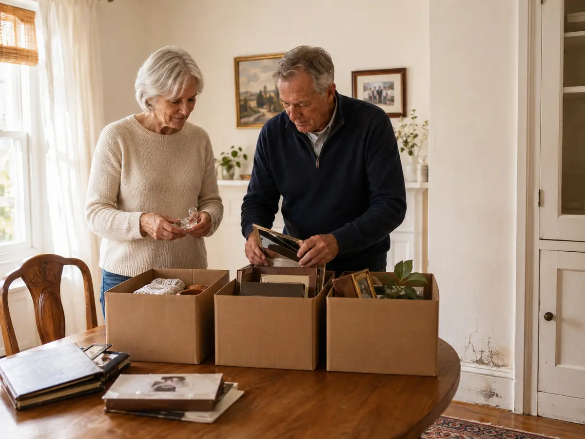 A mature couple thoughtfully sorting meaningful belongings in their long-time home