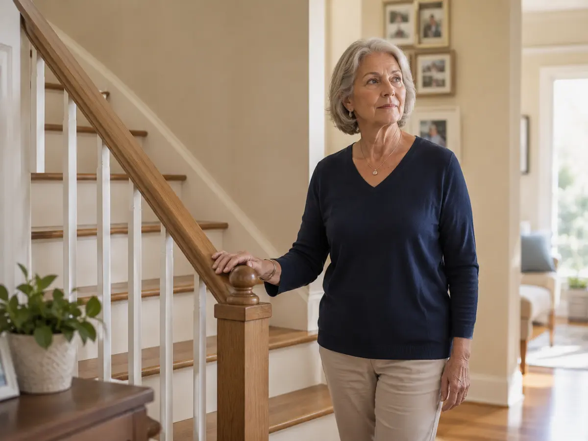 A mature homeowner calmly considering how the stairs fit her daily life